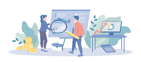 Audit, Analysis, Financial Report. Money counting and profit calculation. Finance investment performance results, working meeting. Vector illustration with character situation for web.