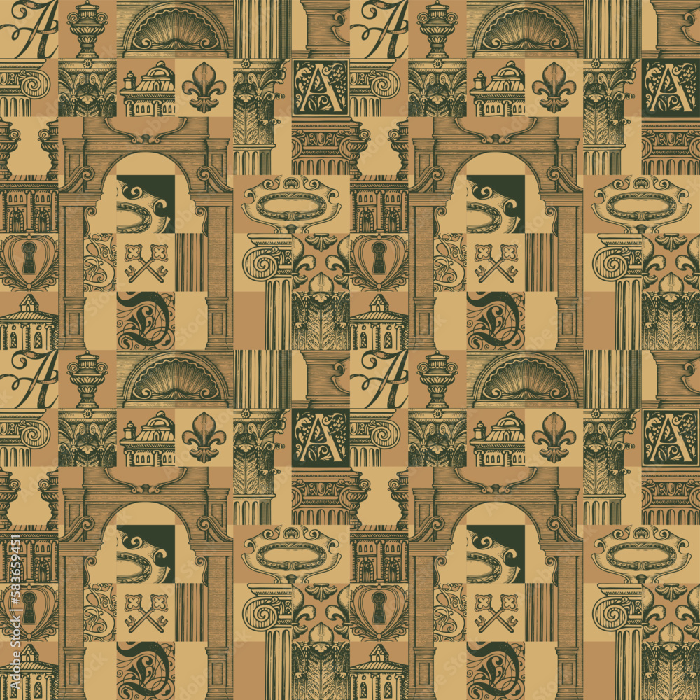 Poster abstract seamless pattern on theme of medieval architecture and art. vector background with colored 