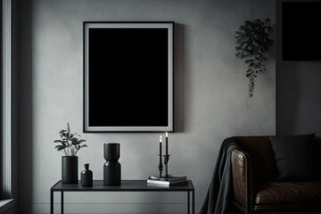 mockup. Frame for a picture in the interior, dark colors. AI generative.