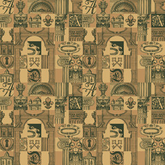 Abstract seamless pattern on theme of medieval architecture and art. Vector background with colored hand-drawn architectural fragments in vintage style. Wallpaper, wrapping paper or fabric design