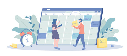 Schedule Management. Time planning, list of tasks online, to do reminder app, checklist, calendar application. Business people planning schedule. Vector illustration with character situation for web.