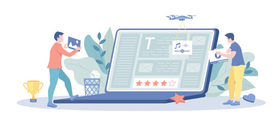 Quality Content, positive review, five stars rating. People creating quality content writing texts searching for ideas and promotion. Vector illustration with character situation for web.