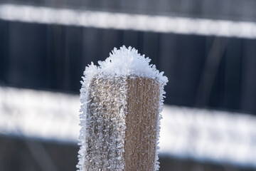 Eiskristalle auf Holzpfosten