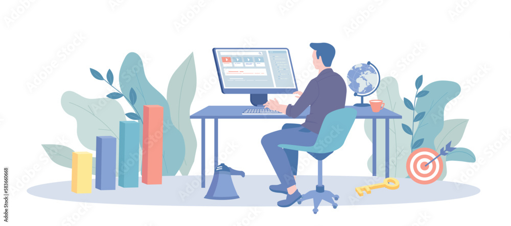 Poster search engine optimization audit, technical quality analysis. seo manager working, doing copywriting