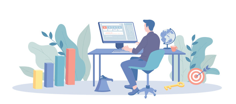 Search Engine Optimization audit, technical quality analysis. SEO manager working, doing copywriting, writing articles for blog, typing a text message. Vector illustration with character situation 