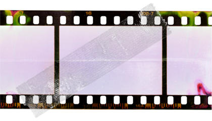 strange 35mm filmstrip isolated with developing smear marks fixed by single transparent sticker.	film photo mockup.
