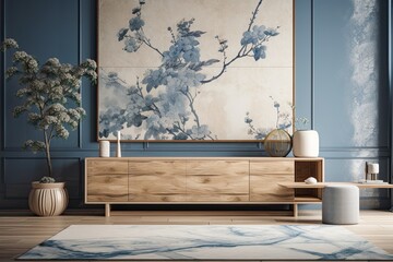 Blue and beige Japanese living room. Hardwood dresser with frame prototype. Marble floor, wallpaper. Modern decor,. Generative AI