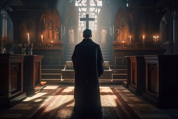 Christian priest standing by the altar. AI generated