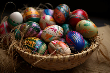 Fototapeta na wymiar Easter is a religious holiday that celebrates the resurrection of Jesus Christ, easter eggs in basket, Generative AI