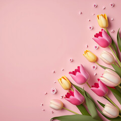 Women's Day concept. Top view photo of bunches of fresh flowers tulips on isolated pastel light blue background with copyspace Generative AI