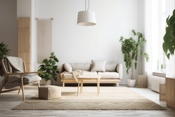 Scandinavian minimalism. Bright studio living room. Comfortable design huge modular couch, armchair, wooden lamp, tv, and green plants. Above. Generative AI