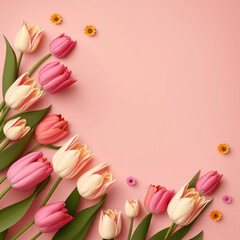Women's Day concept. Top view photo of bunches of fresh flowers tulips on isolated pastel light blue background with copyspace Generative AI