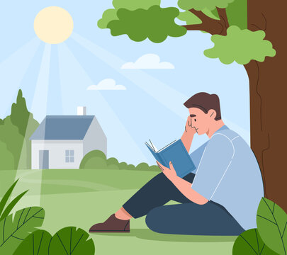 Concepts of reading outdoor. Young guy with book sits near tree. Useful hobby and leisure. Love for literature, selfdevelopment. Education and training, learning. Cartoon flat vector illustration