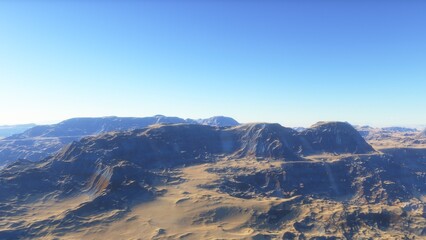 Mars like red planet, with arid landscape, rocky hills and mountains, for space exploration and science fiction backgrounds.
