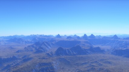 Mars like red planet, with arid landscape, rocky hills and mountains, for space exploration and science fiction backgrounds.
