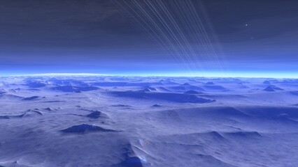 Mars like red planet, with arid landscape, rocky hills and mountains, for space exploration and science fiction backgrounds.
