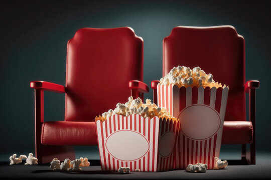 Red cinema chairs with popcorn box. AI generated