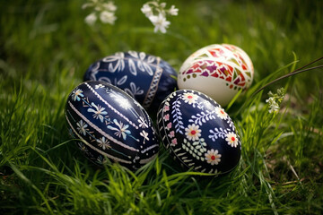 Swedish Folk Art Easter Eggs in grass, Generative AI