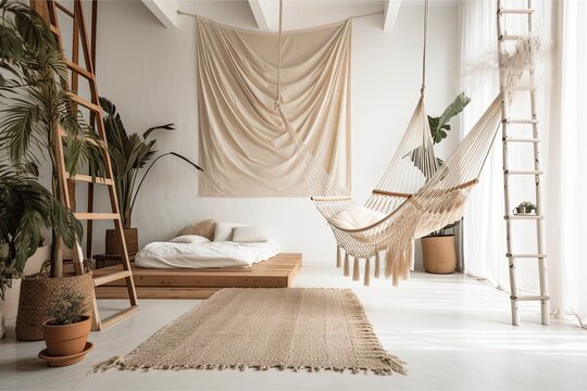 White decor with bed and hammock, White poster paper Content or design mockup, wooden staircase, palm, and louvered divider. Generative AI