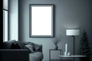 mockup. Frame for a picture in the interior, living room in gray tones. AI generative.