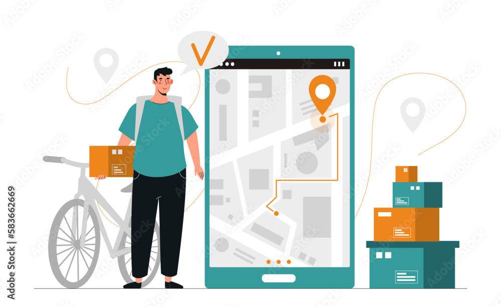 Poster order deliver concept. man with box and bicycle stands near smartphone screen next to map with pin. 