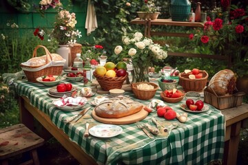 Fototapeta premium wooden spring picnic table covered with a checkered tablecloth, surrounded by green grass and colourful flowers in a sunny garden (AI Generated)