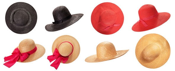 Beach hat top view isolated set. Pretty straw hats with ribbon and bow on white background.