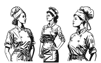 Women Chef. Hand drawn set of vintage engraving woodcut style vector illustrations.