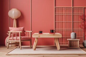 Minimalist Japanese style red and beige tea ceremonial chamber mockup. Table, chairs, tatami. Japanese interiors. Generative AI