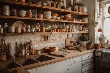 Boho kitchen design. Wooden shelves, dishes, cutlery, decorations. Warm boho decor. Generative AI