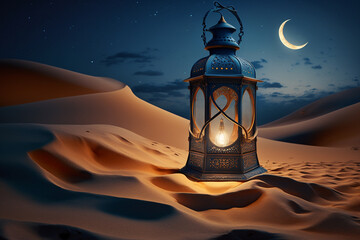 antique lantern in a moonlit desert, generative AI