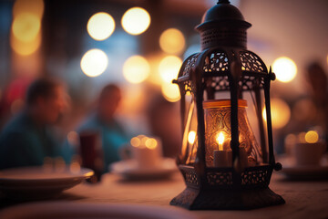 nightly feast during ramadan, with a beautiful lit lantern in the foreground, generative AI