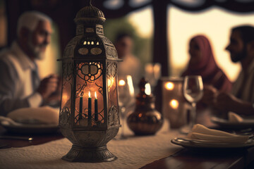 dining scene in an islamic family, with a beautiful lit lantern in the foreground, generative AI