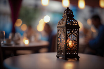 beautiful oriental style lantern on a restaurant table, generative AI