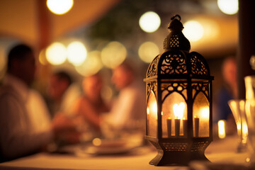 ramadan lantern lit by candles, with a group of diners in the background, generative AI