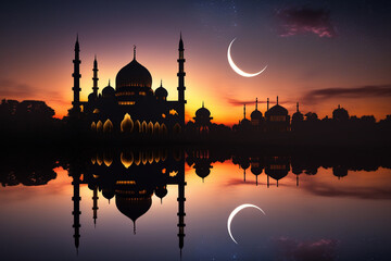 mosque at sunset with a crescent moon, generative AI