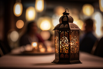 ramadan lantern with a defocused dining scene in the background, generative AI