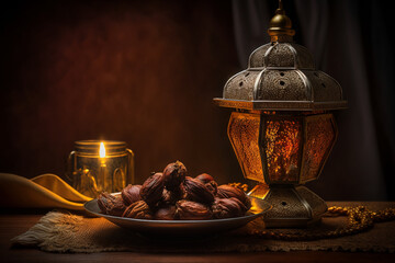 a plate full of dates and an antique lamp on the table, generative AI