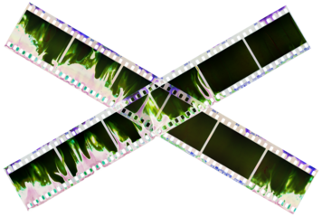 cool filmstrip scan, two 35mm filmstrips overlapping each other, film isolated.