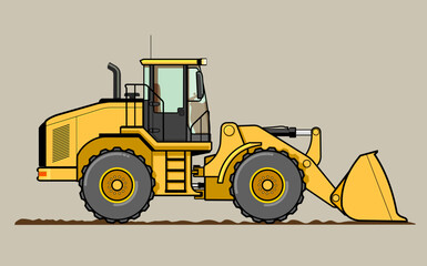 Wheel Loader, front loader, heavy machine. Vector illustration.