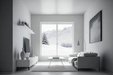 Living room in the style of minimalism, white color. AI generative.