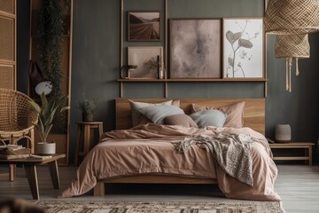 Elegant bedroom with wooden bed, faux poster frame, cube, basket, vase with flowers, and fine accessories. Nice bed linens, blankets, and pillows. Template. Generative AI