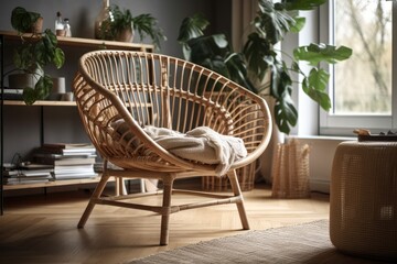 White plaid wicker bamboo chair near coffee table with plant in vase. New bohemian furniture in contemporary living room. Wooden armchair and metal bookcase apartment. Generative AI