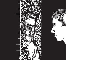 A young man looks at his reflection in mirror. Black and white doodle drawing of a man who looks at his reflection in the mirror and see a it in a very stramge manner like hallucinates