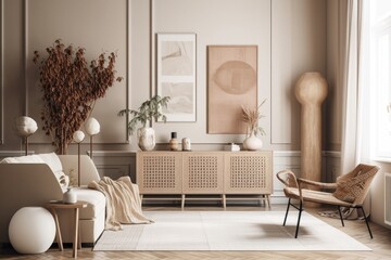 Modern beige living room with sculptures, structural painting, beige wooden sideboard, and boho inspired furnishings. Template. Generative AI