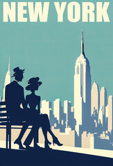 This vintage poster shows the typical New York skyline with blue tones and silhouettes of a romantic couple, ideal for a tourist or decorative setting. Generative AI - obrazy, fototapety, plakaty