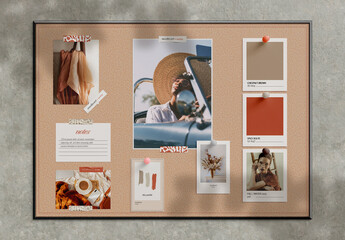 Moodboard with Papers and Photos on Cork Mockup