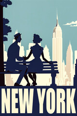 Discover this vintage poster featuring the typical New York skyline, silhouettes of a couple of lovers on a blue background. Ideal for a tourist and romantic use. Generative AI - obrazy, fototapety, plakaty