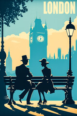 A vintage poster of London, with blue colors and the Big Ben skyline, as well as the silhouettes of an embracing couple, for a romantic and touristy look. Generative AI - obrazy, fototapety, plakaty