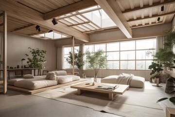 Fototapeta na wymiar Bleached wooden Japanese living room in white and beige. Fabric couch, beams ceiling, window, and decors. Farmhouse decor,. Generative AI
